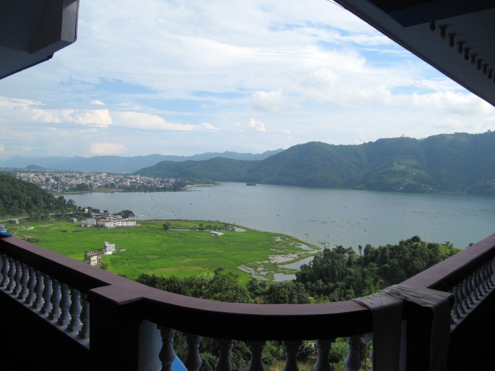 The view overlooking Fewa Lake and Lakeside Pokhara from the balcony outside of our room.